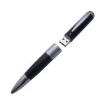 A black and silver metal pen with a USB drive component, featuring a logo on its body.