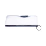 A shiny silver flash drive with a keyring attachment, featuring a smooth, sleek design.