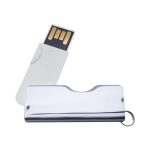 A sleek silver flash drive with a white casing, featuring a keyring attachment for portability.
