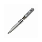 A metal pen with a sleek silver design that features a removable USB drive. It has a clip and smooth finish.