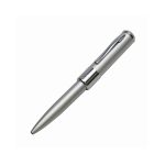 A silver metal pen with a sleek retro design, featuring a clip and a pointed tip, elevated for writing.