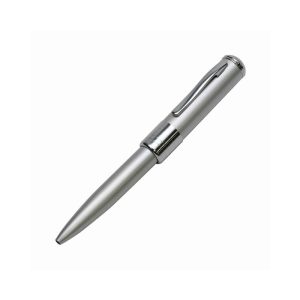 A silver metal pen with a sleek retro design, featuring a clip and a pointed tip, elevated for writing.