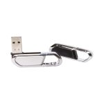 A silver carabiner flash drive with a USB connector, featuring a sleek design and a small logo.