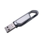 A silver carabiner flash drive featuring a shiny metallic finish and a traditional USB connector.