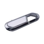 A sleek silver carabiner flash drive with a metallic finish and an integrated clip design.
