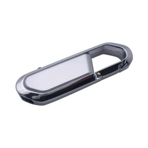 A sleek silver carabiner flash drive with a metallic finish and an integrated clip design.