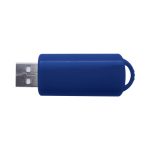 A blue USB flash drive with a protective cover and a loop for attachment.