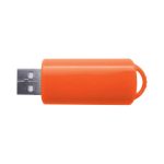 An orange flash drive with a protective cap and a loop for attachment. It features a silver USB connector.