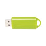 A bright green flash drive with a USB connector and a loop for easy attachment, featuring a logo.