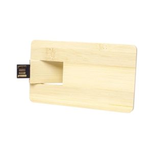 A bamboo credit card drive featuring a USB connector, designed in a sleek, natural wood finish.