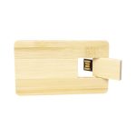 A bamboo credit card drive in a rectangular shape, featuring a sliding USB connector. Natural wood finish.