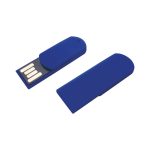 A blue paper clip flash drive with a removable cap, featuring a USB connector and a branding logo.