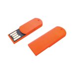 An orange flash drive designed like a paper clip, featuring a removable cap and a logo on the surface.