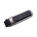 A metal and black leather flash drive with a sleek design, featuring a secure clip and branding.