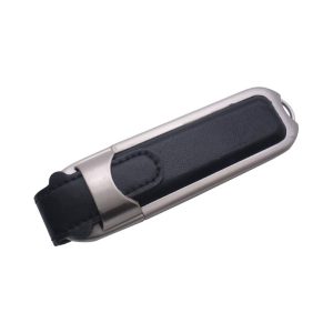 A metal and black leather flash drive with a sleek design, featuring a secure clip and branding.