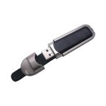 A metal and leather flash drive with a sleek design, featuring a removable cap and a logo.