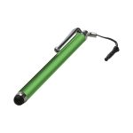 A green stylus pen with a metallic clip and a rubber tip, featuring a small attachment for convenience.