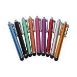 A collection of stylus pens in various colours, including blue, green, orange, purple, red, and silver, with a clip and a rounded tip.