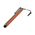 An orange stylus pen with a chrome clip and a black tip, featuring a branding logo on the body.