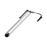 A silver stylus pen with a black tip and a clip, featuring a cord attachment at the end.