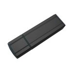 A black flash drive with a sleek, rectangular design and a rounded end. It features a branding logo.