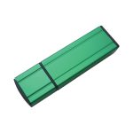 A green aluminium flash drive with a sleek, rectangular design and a black end cap, featuring a logo.