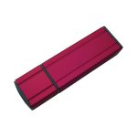 A red flash drive with an aluminium casing and a black end cap. It features a logo on its surface.