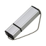 A silver flash drive with a black end, attached to a metal chain. It has a sleek, rectangular design.