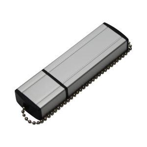 A silver and black Fortana flash drive with a keychain attachment.