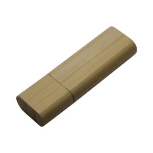 A bamboo flash drive with a smooth, natural finish and rounded edges. It features a logo branding.