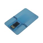 A blue credit card-style flash drive with a sliding compartment to reveal the USB connector.