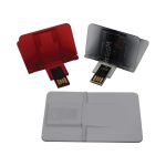 A set of three credit card-sized flash drives in red, grey, and white, featuring a transparent case and a USB connector.