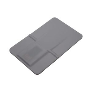 A grey credit card-sized flash drive with a built-in connector, featuring a minimalistic design.