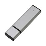 A silver flash drive with black accents and a sleek, minimalist design. It features a logo on its surface.