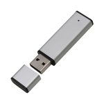 A silver flash drive with a removable cap and a sleek design. It features a subtle logo on the surface.