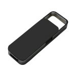 A black flash drive with a sleek design and a metallic frame, featuring a logo on the surface.