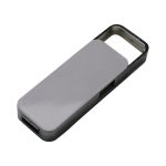 A grey flash drive with a metallic casing and an attached keyring loop.
