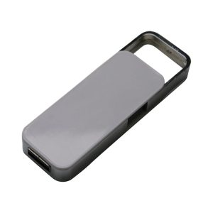A grey flash drive with a metallic casing and an attached keyring loop.