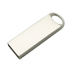 A silver flash drive with a sleek, rectangular design and a circular hole for attachment.