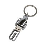 A chrome flash drive shaped like a human figure, attached to a keyring for easy carrying.