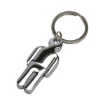A metallic keychain in the shape of a person, attached to a round keyring.