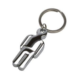A metallic keychain in the shape of a person, attached to a round keyring.