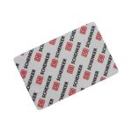 A credit card-sized flash drive with a white background featuring a red logo and repeated text pattern.