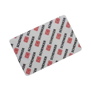 A credit card-sized flash drive with a white background featuring a red logo and repeated text pattern.