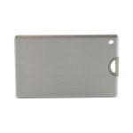A sleek silver credit card-sized flash drive with a rounded corner and a hole for attachment, featuring a logo.