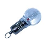 A light bulb-shaped flash drive with a silver metallic base and a clear plastic top. It features a keyring attachment.