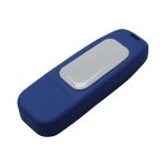 A blue flash drive with a silver panel, featuring branding on its surface.