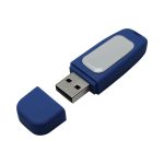 A blue flash drive with a removable cap and a blank area for branding.