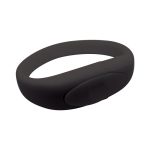 A black silicone wristband with a smooth finish and a raised area, featuring a logo.