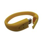 A yellow silicone wristband with a USB connector attached, featuring a simple design and a small logo.
